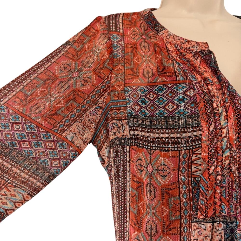 Pale Sky Orange Blue Bohemian style Top Silver threads Camisole Smocking V Neck - Picture 11 of 16